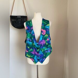 Vintage 80s Alyssa Metallic Colorful Floral Print Vest, OS